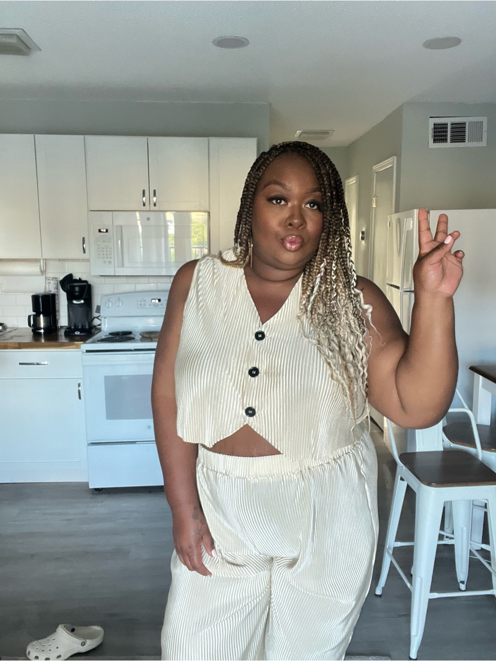 SHEIN Cream Ribbed Two-Piece Crop Top & Wide Leg Pants Set